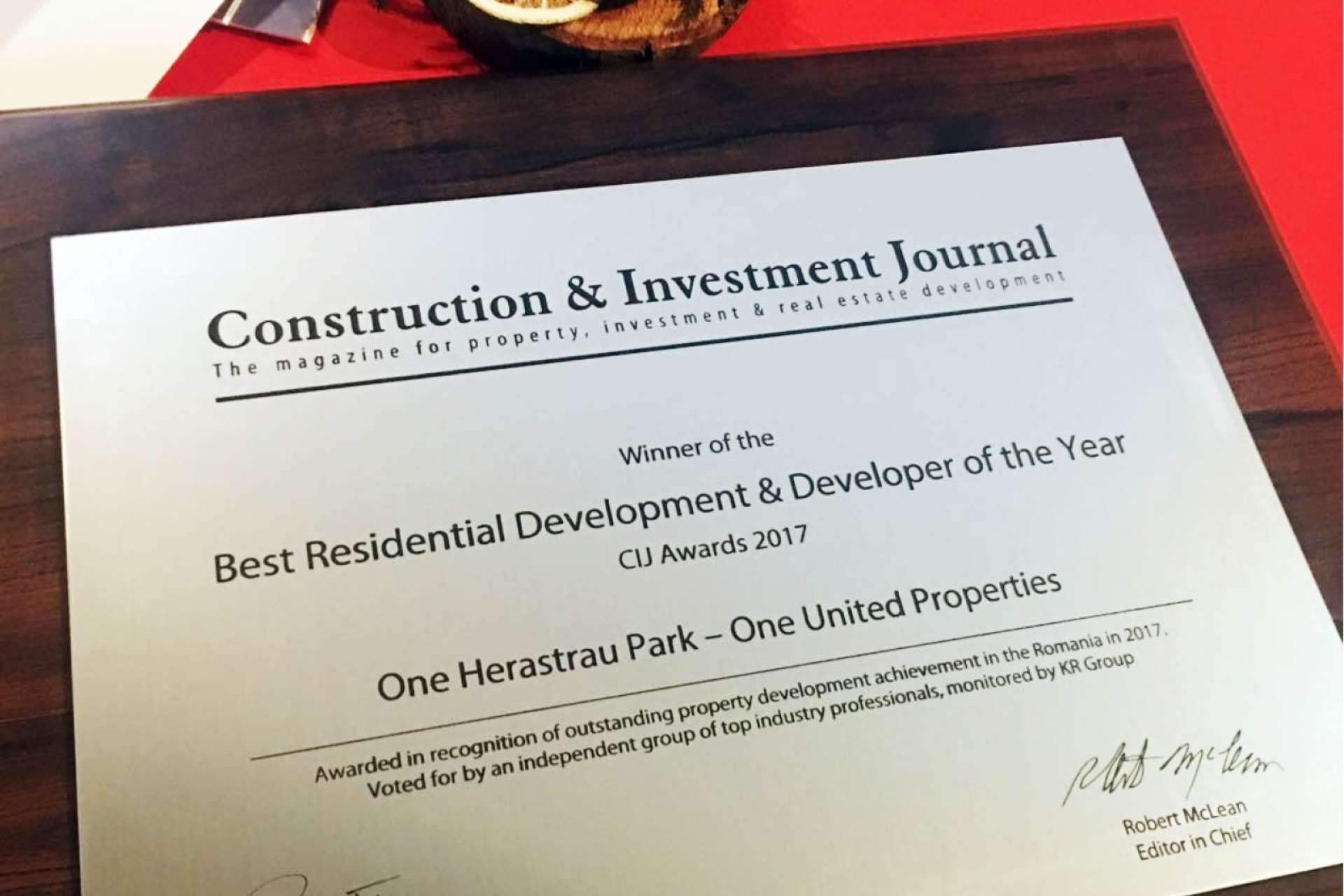 One United Properties is the winner of the Best Residential Development & Developer of the Year Award at CIJ Awards Romania 2017