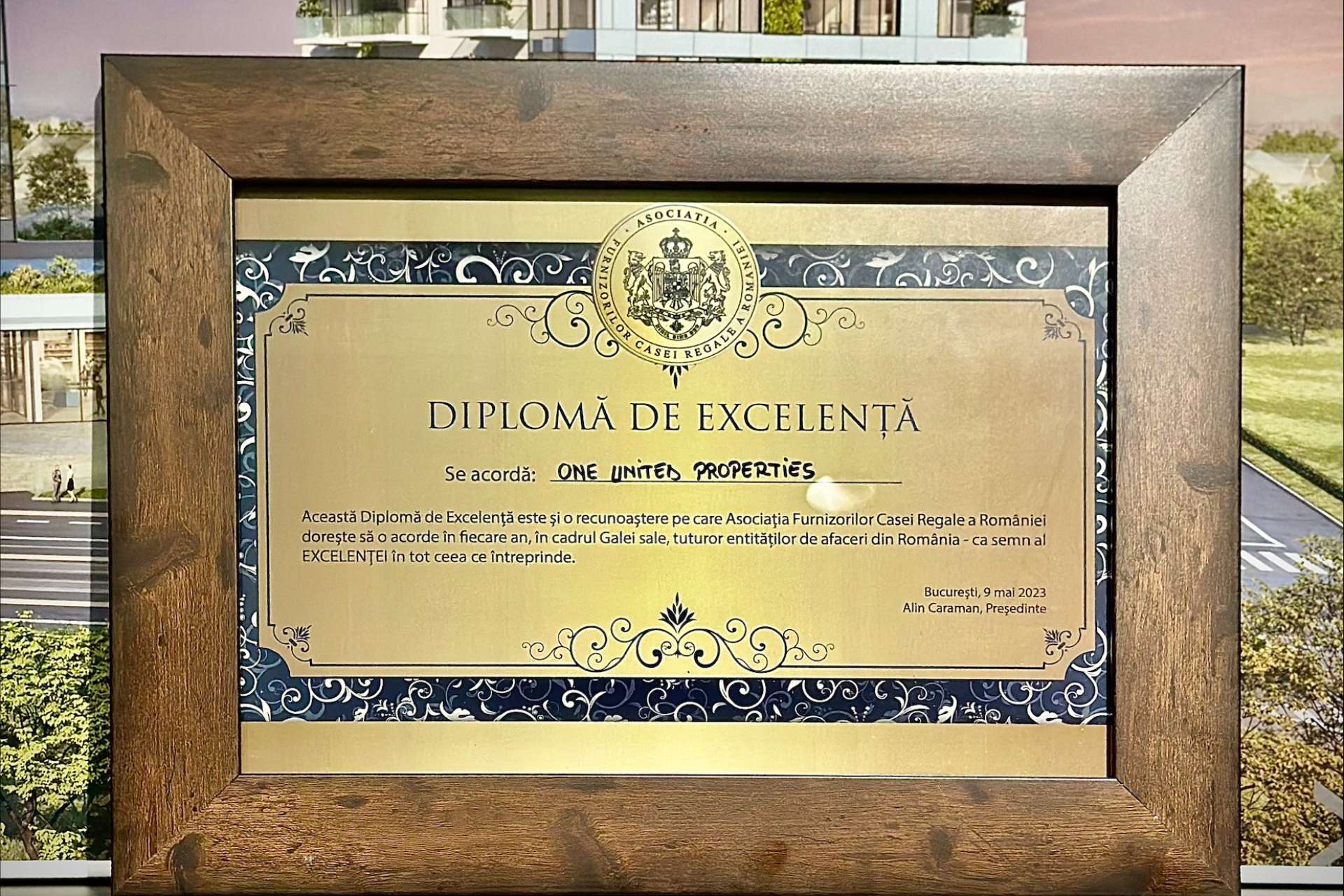 One United Properties received the diploma of excellence from the Association of Suppliers of the Royal House of Romania