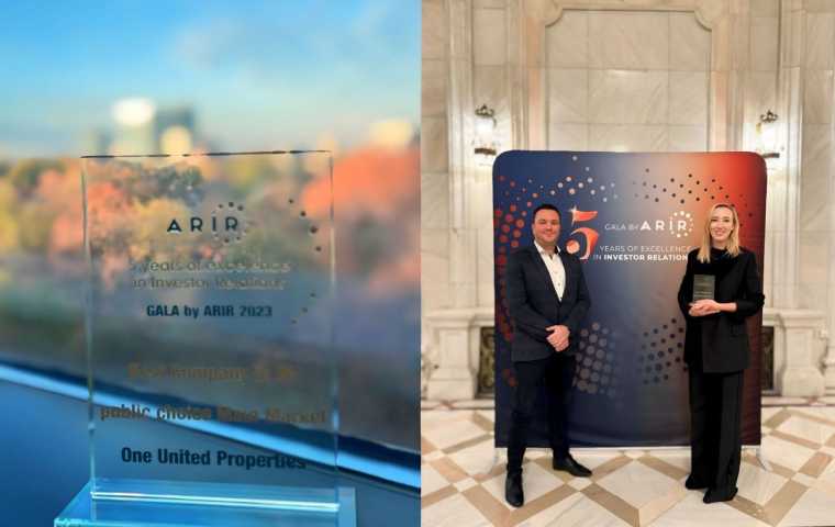 One United Properties, premiul „Cea mai bună Companie din perspectiva activității în Relația cu Investitorii – Piața Principală” la Gala ARIR