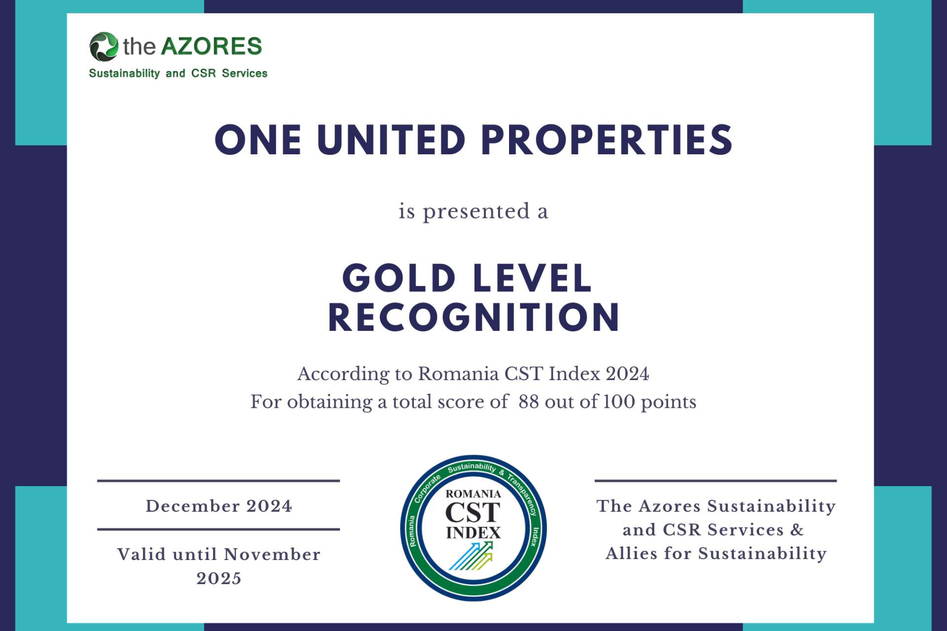 One United Properties obține recunoașterea Gold la Romania CST Index 2024